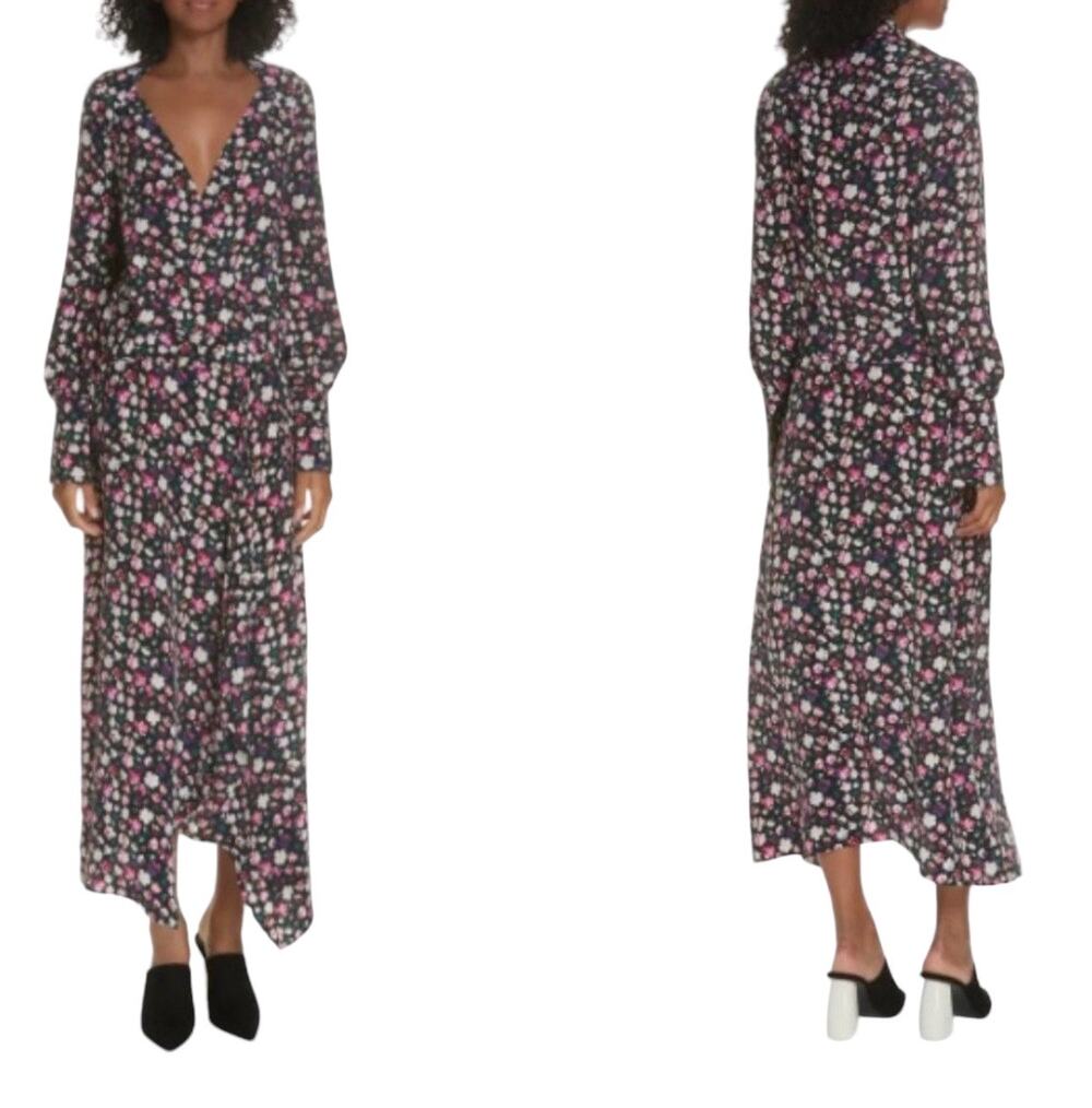 Equipment Viscose Black Floral Faux Wrap MIDI dress, Size 2